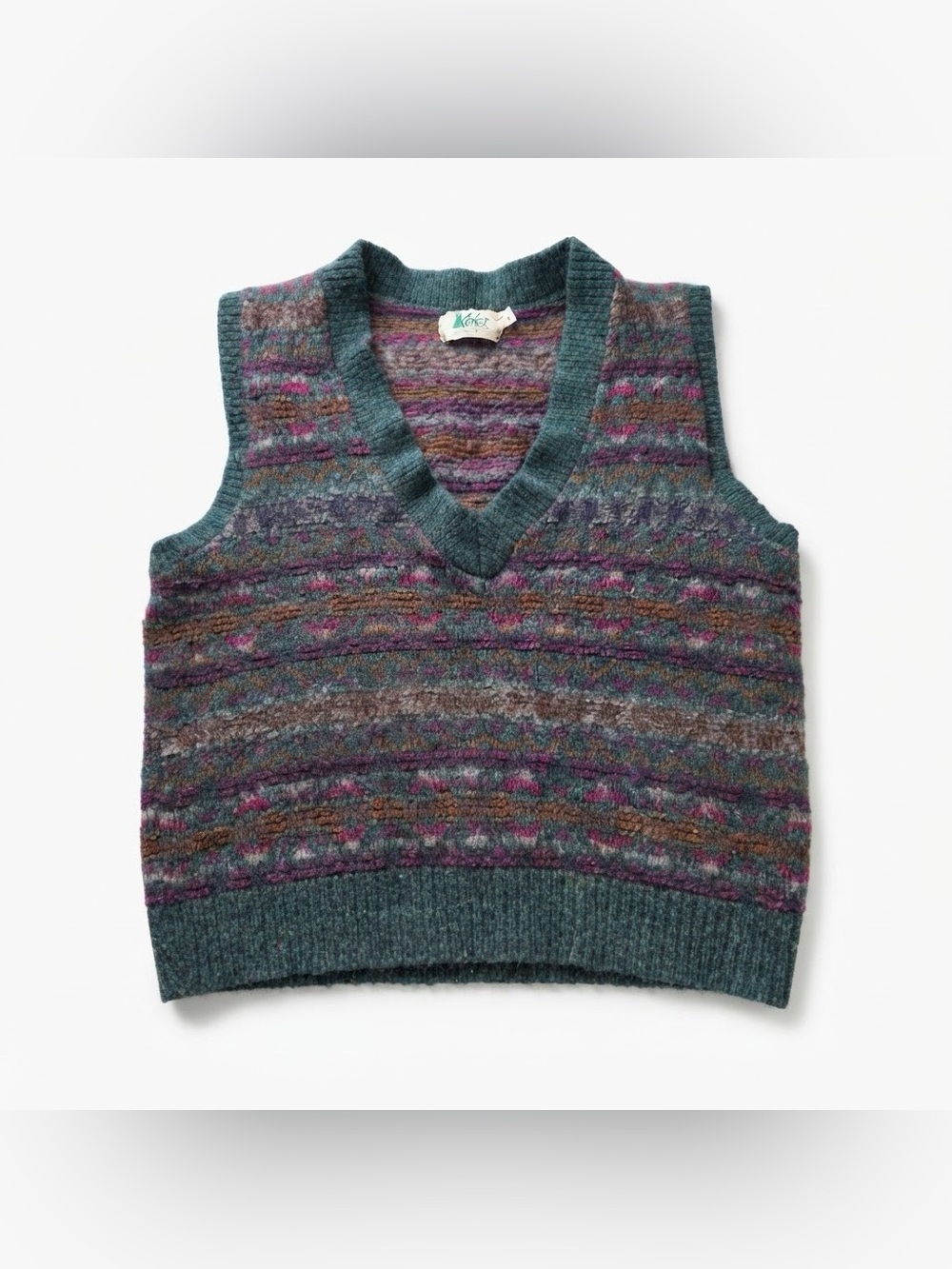 Vintage REI V-Neck Sweater Vest Large Green Fair Isle Knit Wool Blend